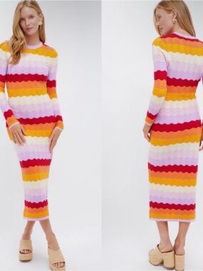 Hyacinth House Montego Knit Midi Dress Sunset Stripe Long Sleeve NWT Medium